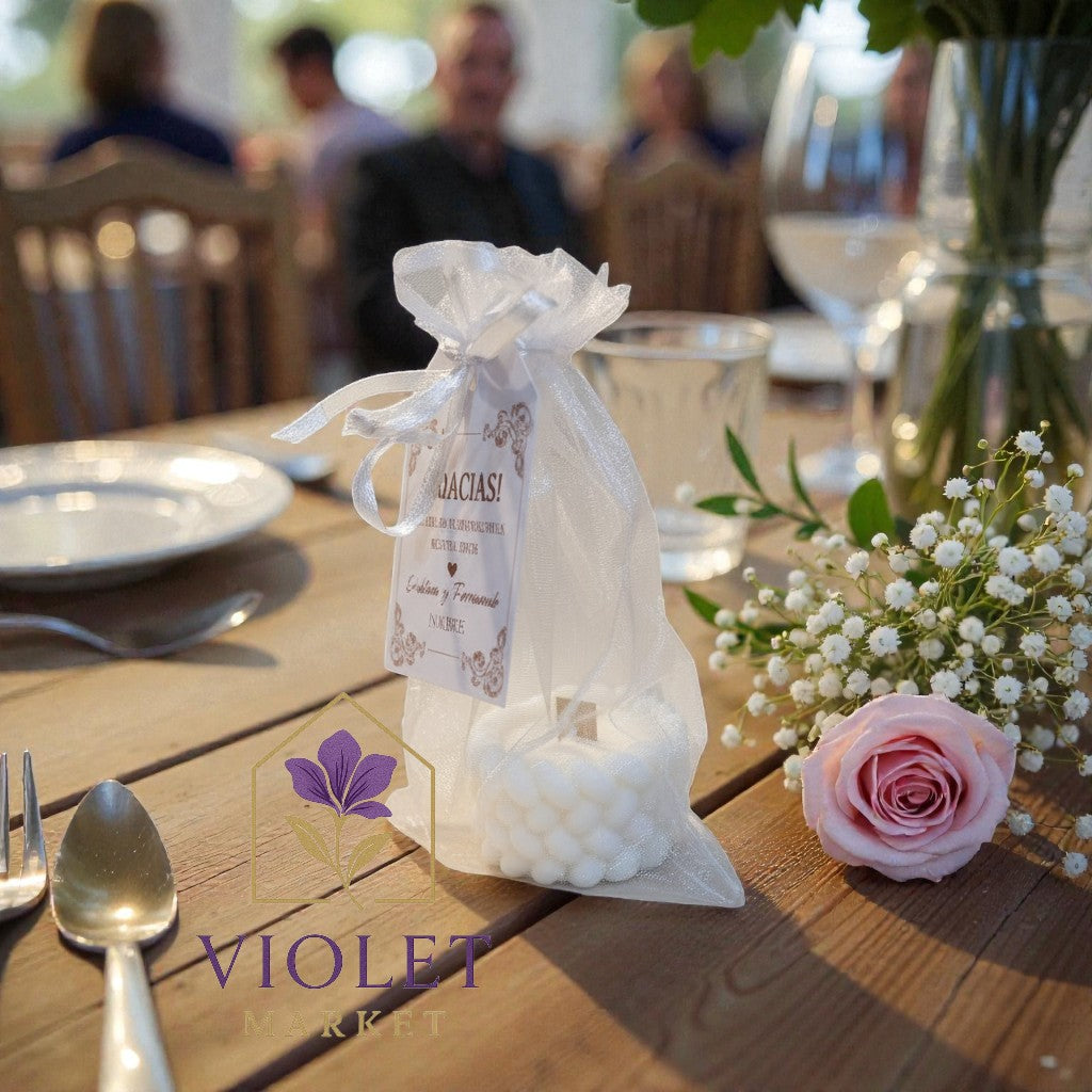 Vela Recuerdo Boda Trenzada - Bolsa Organza, vela de soya artesanal para souvenir de matrimonio - Violet Market Store

