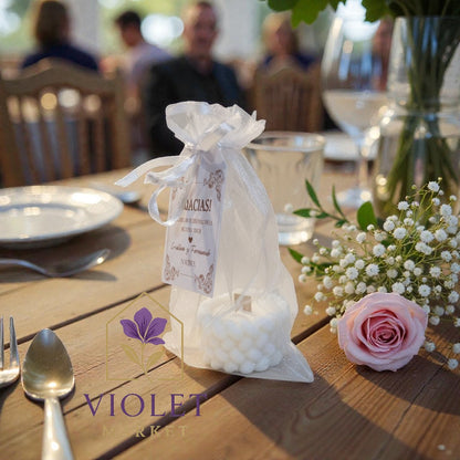 Vela Recuerdo Boda Trenzada - Bolsa Organza, vela de soya artesanal para souvenir de matrimonio - Violet Market Store
