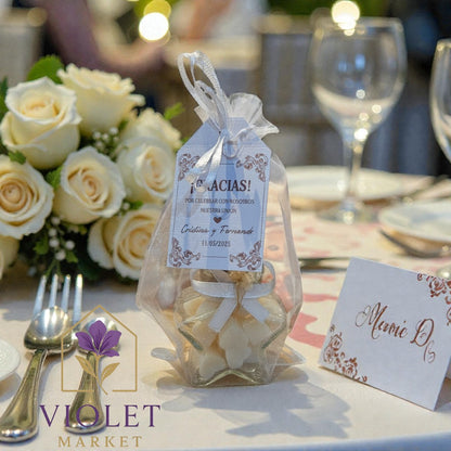 Vela Recuerdo Boda Estrella de Amor - Bolsa Organza, vela de soya artesanal para souvenir de matrimonio - Violet Market Store
