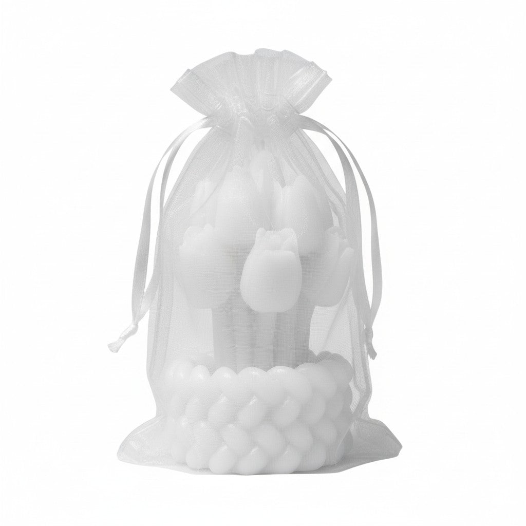 Vela Recuerdo Boda Tulipán Encanto - Bolsa Organza, vela de soya artesanal para souvenir de matrimonio - Violet Market Store
