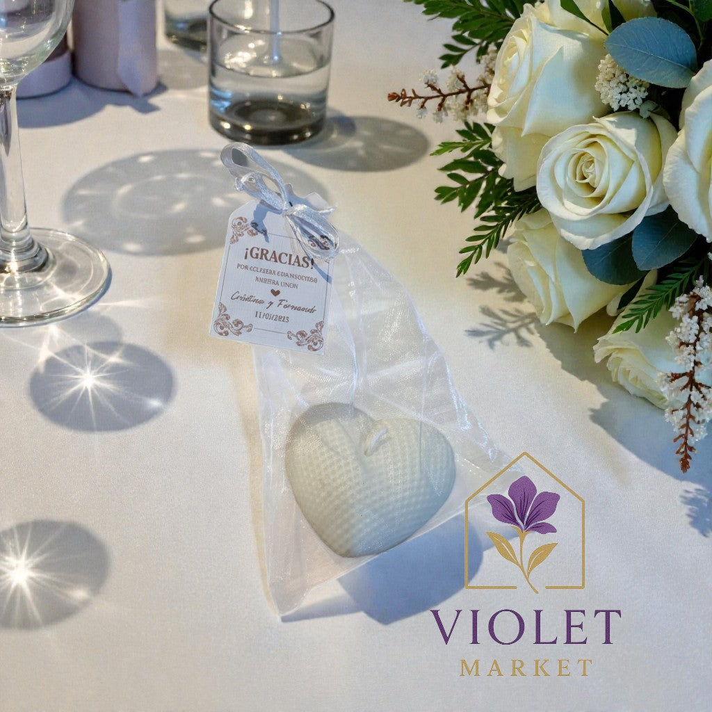 Vela Recuerdo Boda Corazón Eterno - Bolsa Organza, vela de soya artesanal para souvenir de matrimonio - Violet Market Store
