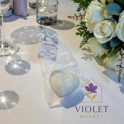 Vela Recuerdo Boda Corazón Eterno - Bolsa Organza, vela de soya artesanal para souvenir de matrimonio - Violet Market Store
