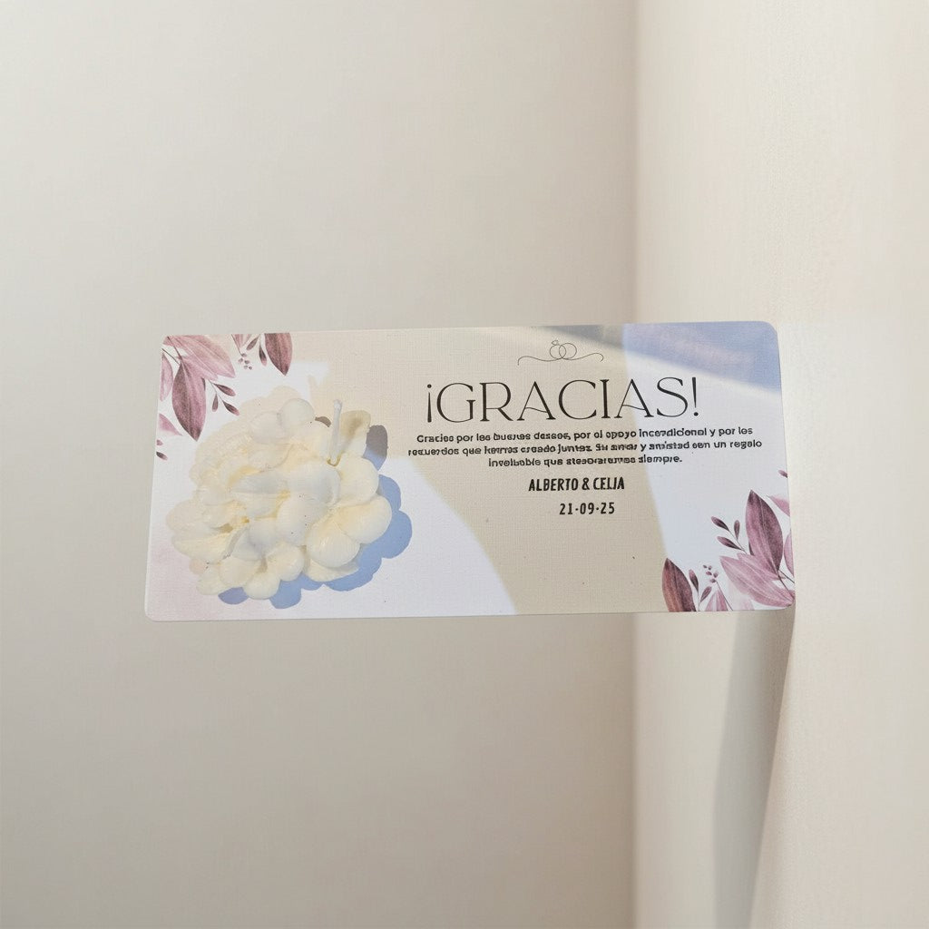 Vela Recuerdo Matrimonio - tarjeta agradecimiento  - Bolsa Organza, vela de soya artesanal para souvenir de matrimonio - Violet Market Store
