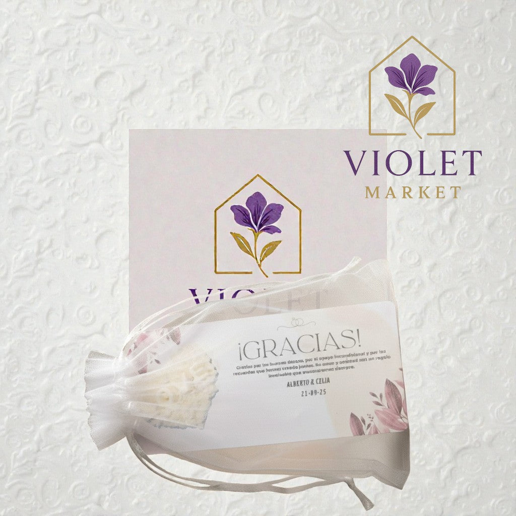 Vela Recuerdo Matrimonio -tarjeta de agradecimiento - Bolsa Organza, vela de soya artesanal para souvenir de matrimonio - Violet Market Store
