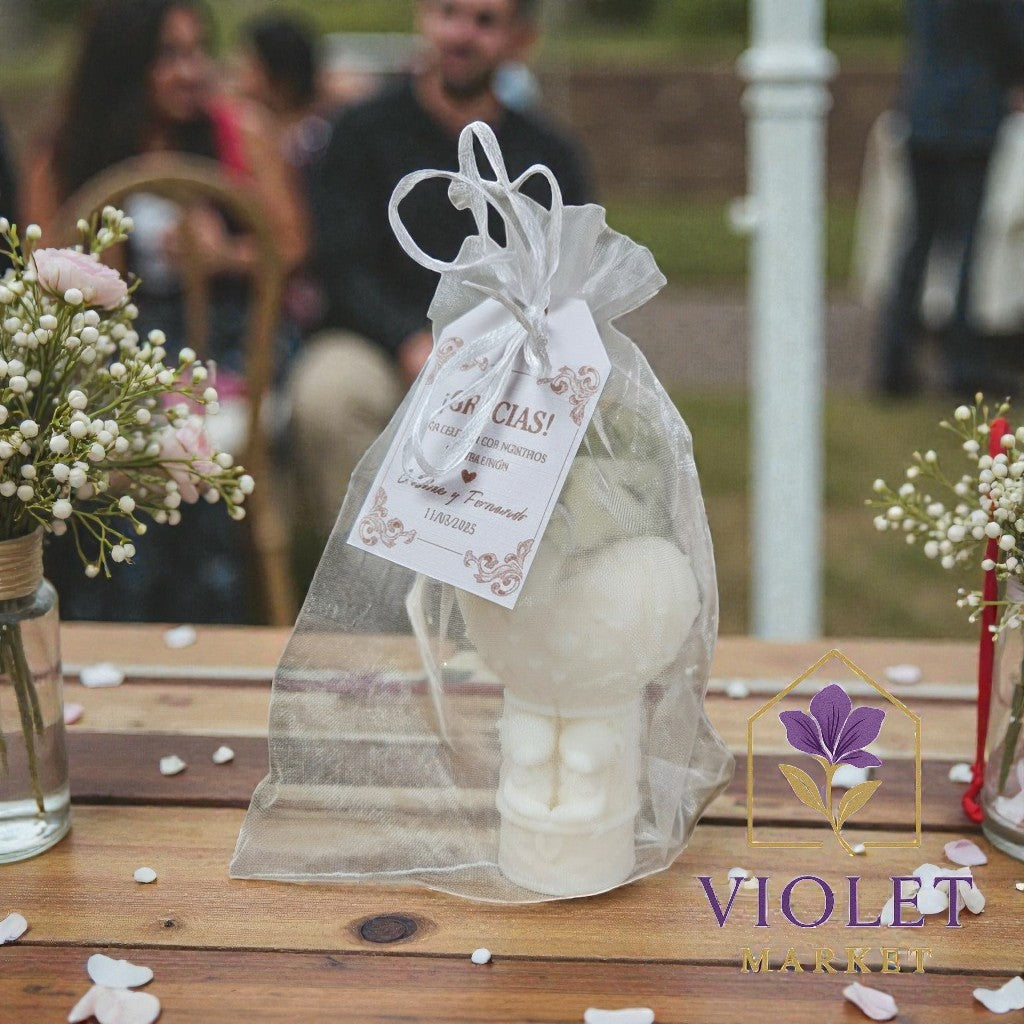 Vela Recuerdo Matrimonio Dulce - Bolsa Organza, vela de soya artesanal para souvenir de matrimonio - Violet Market Store
