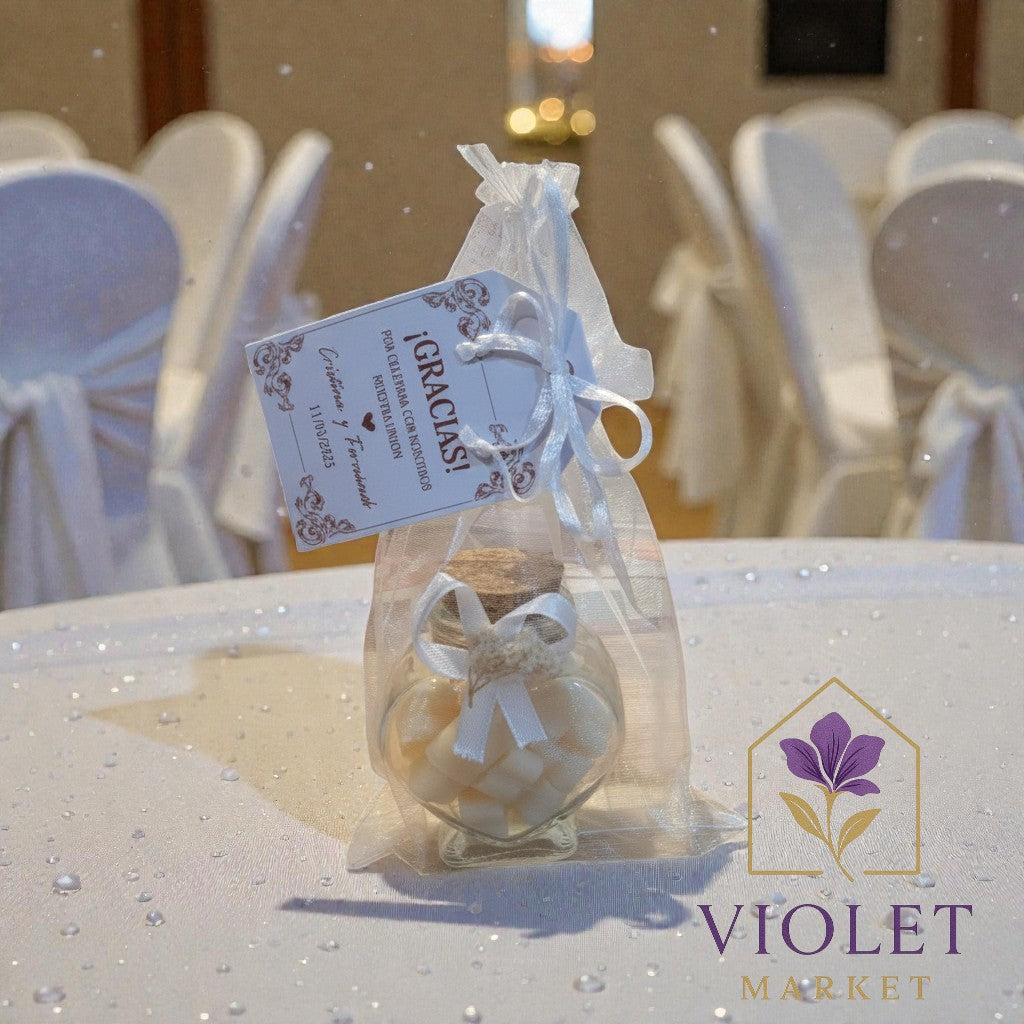 Vela Recuerdo Boda Encanto de Cristal - Bolsa Organza, vela de soya artesanal para souvenir de matrimonio - Violet Market...
