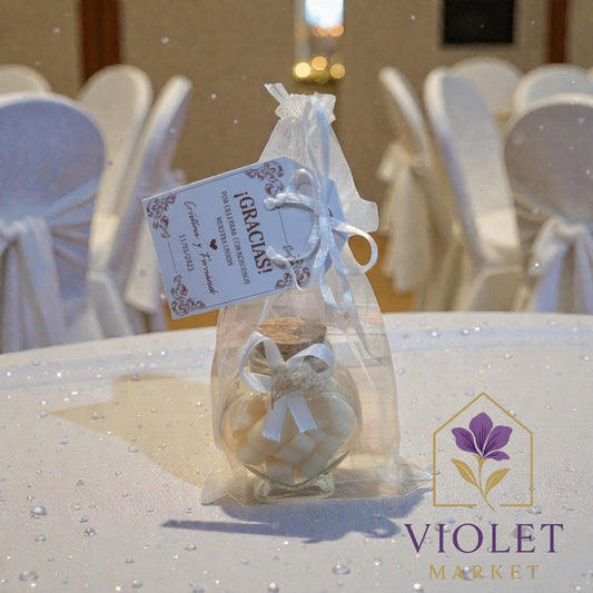 Vela Recuerdo Boda Encanto de Cristal - Bolsa Organza, vela de soya artesanal para souvenir de matrimonio - Violet Market...
